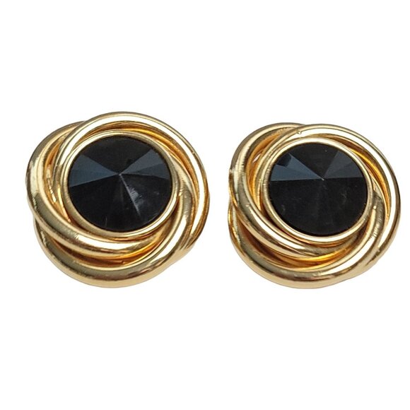 Kirk's Folly Gold Tone Black Lucite Rivoli Clip On Earrings, Signed - Picture 3 of 9